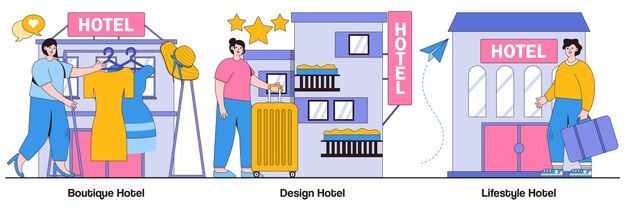 Boutique-design und lifestyle-hotelkonzepte mit personenfiguren abstraktes vektorillustrationspaket für ferienunterkünfte