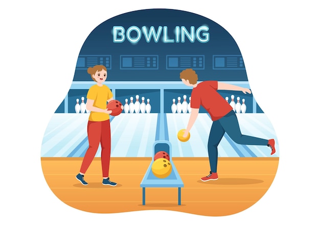 Bowlingspielillustration in einem Sportverein für Webbanner oder Zielseite in handgezeichneten Vorlagen