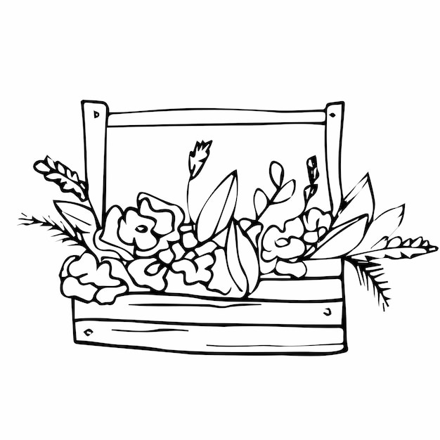 Box mit Blumen im Doodle-Stil. Holzkiste mit Blumen auskleiden. Zeichnen für Postkarten, liebe Gartenarbeit