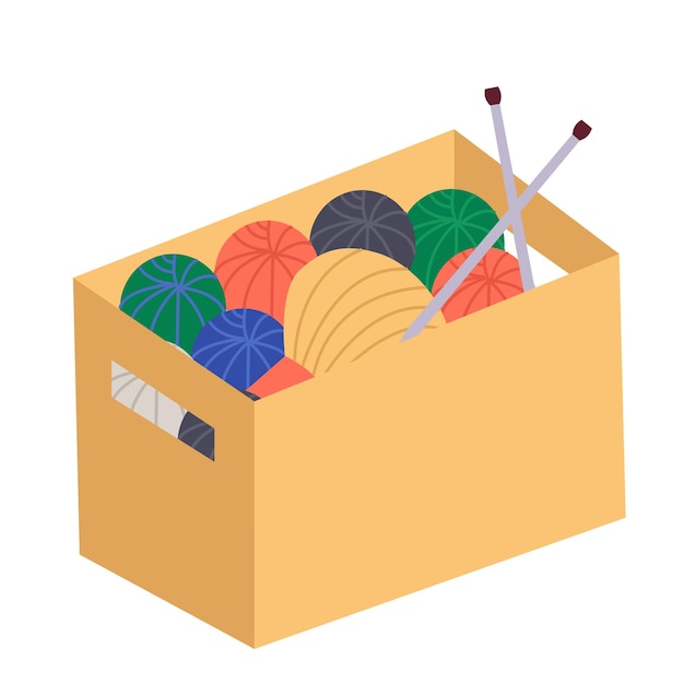 Box mit wollknäuel und stricknadeln. flache vektorillustration