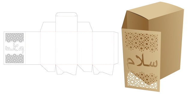 Box und flip-cover mit schabloniertem peace-wort in arabischer fensterstanzschablone und 3d-modell