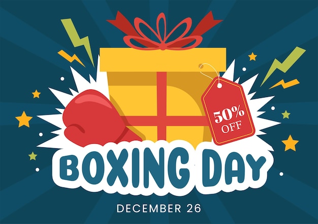 Boxing day sale hand gezeichnete illustration mit handschuh und geschenkbox für promotion oder shopping-konzept