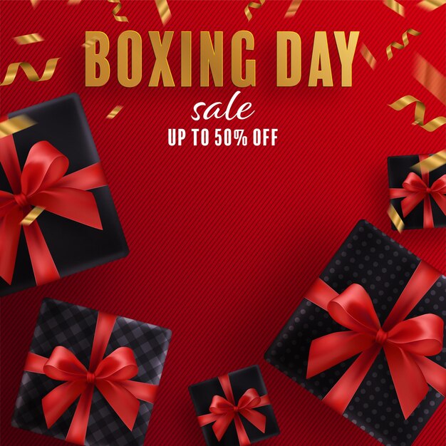 Boxing day sale oder black friday shopping concept design aus rot, gold, schwarz, boxhandschuhen, die für eine glückliche zeit mit dekorativen elementen im stil auf farbigem hintergrund halten.