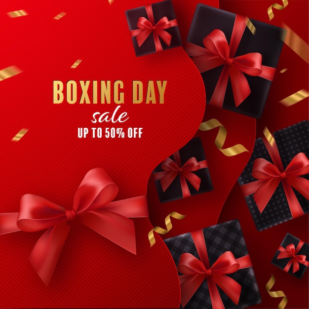 Boxing day sale oder black friday shopping concept design aus rot, gold, schwarz, boxhandschuhen, die für eine glückliche zeit mit dekorativen elementen im stil auf farbigem hintergrund halten.
