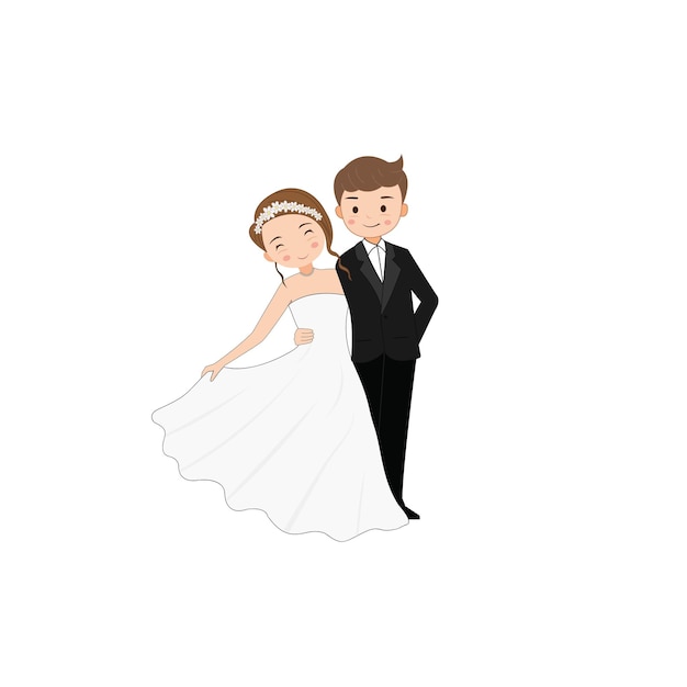 Bräutigam- und Brautcharaktere im Hochzeitskleidervektor lokalisiert auf weißem Hintergrund.