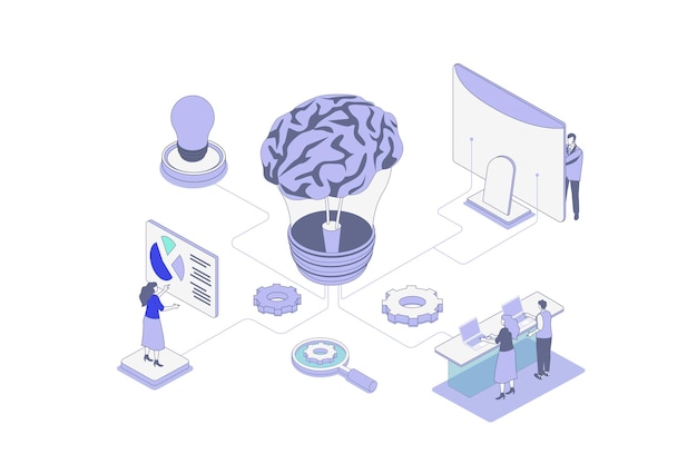 Brainstorming isometrisches Konzept in Umriss-Isometrie-Design für das Web Menschen denken und generieren neue Ideen Suche nach Erfolg Innovationen Inspirationen und kreativen Lösungen Vektorillustration