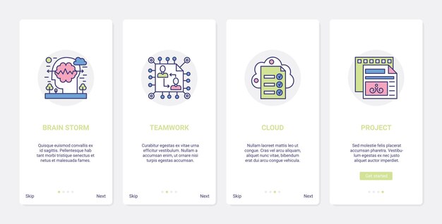 Brainstorming Teamwork kreativer Prozess ux ui Onboarding mobiler App-Seitenbildschirmsatz
