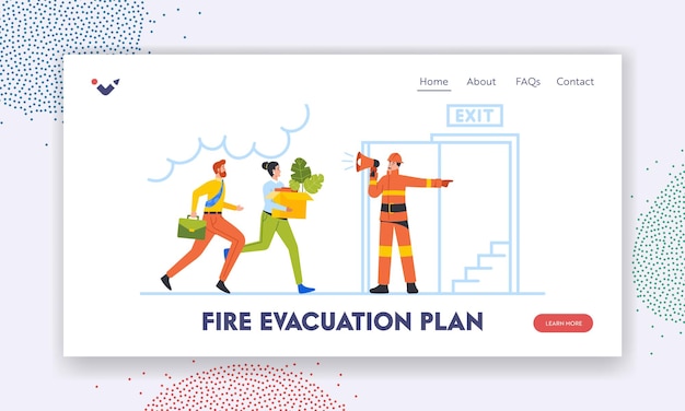 Brand evakuierungsplan landing page template gefahr am büroarbeitsplatz feuerwehrmann mit megaphon kündigt brandnotevakuierungsalarm an charaktere entkommen büro cartoon people vector illustration