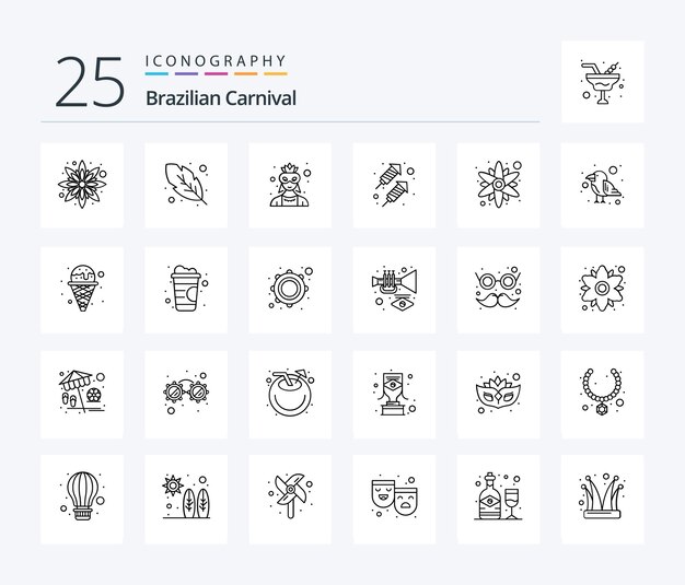 Brasilianischer karneval 25-zeilen-icon-pack mit papageien-sonnenblume-charakterblumen-feuerwerk