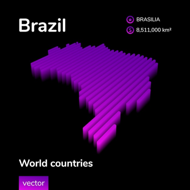 Brasilien 3D-Karte Stilisierte, neon-isometrische gestreifte Vektorkarte von Brasilien ist in violetten Farben auf schwarzem Hintergrund