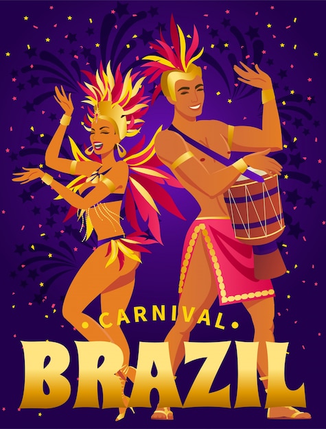 Brasilien-karnevalsplakat brasilianisches mädchen und mann, die samba tanzen