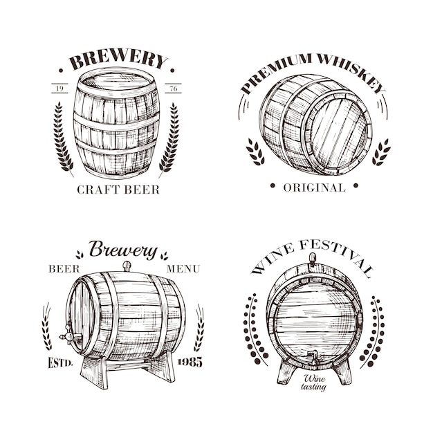 Brauerei-Emblem. Fass Bier und Wein, Whisky und Brandy skizzieren Vintage-Etiketten mit Holzfass und typografisch