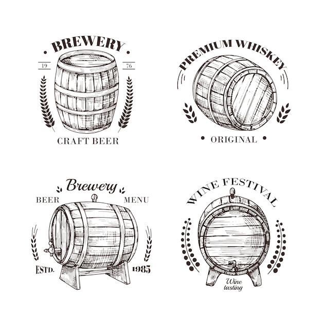 Brauerei-emblem. fass bier und wein, whisky und brandy skizzieren vintage-etiketten mit holzfass und typografisch