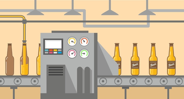 Brauerei-Förderband, das Bier in Glasflaschen gießt. Alkoholverpackung