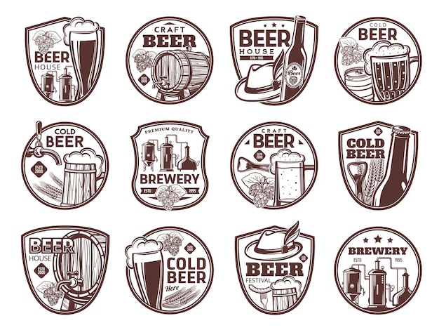 Vektor brauerei- und craft-beer-ikonen, bar- und pub-alkohol