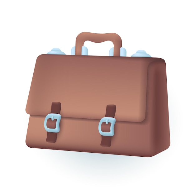 Braune Aktentasche für Büroangestellte 3D-Darstellung. Cartoon-Zeichnung der Ledertasche von Geschäftsleuten für Dokumente oder Dateien im 3D-Stil auf weißem Hintergrund. Zubehör, Geschäftskonzept