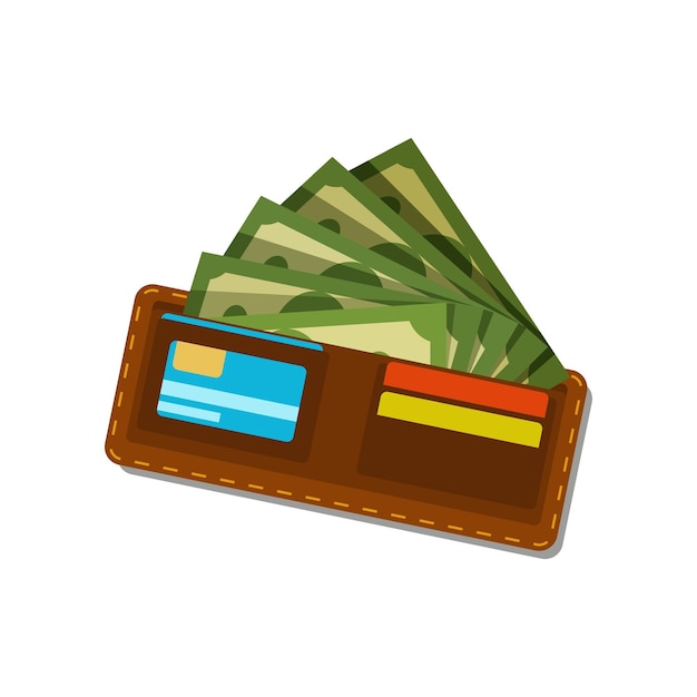 Braune Brieftasche mit grünen Dollars und Plastikkreditkarten Papiergeld Amerikanische Währung Konzept des finanziellen Wohlergehens Flaches Vektordesign für mobile App
