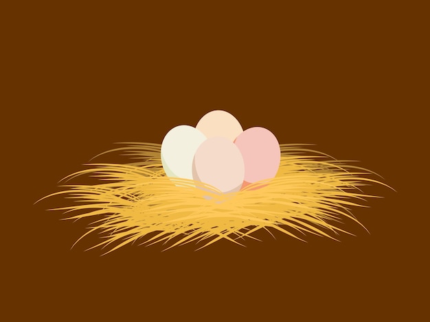 Braune gelbe rosa Eier, die in einem Heu-Nest ruhen, Vektorillustration