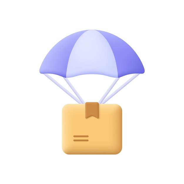 Braune Paketkartonschachtel, die auf einem Fallschirm fliegt, Parcel Airdrop, schnelle Expresslieferung und Versanddienst, globales Logistikkonzept, 3D-Vektor-Symbol, Cartoon-Minimalstil