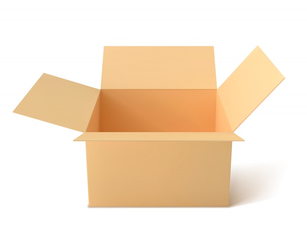 Vektor braune papierbox, leere offene box isoliert.
