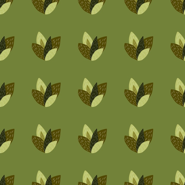 Braune und grüne blätter in nahtlosem muster mit olivgrünem hintergrund.