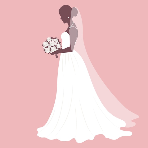 Braut in einem hochzeitskleid mit einem blumenstrauß luxus-hochzeitsillustrationsvorlage