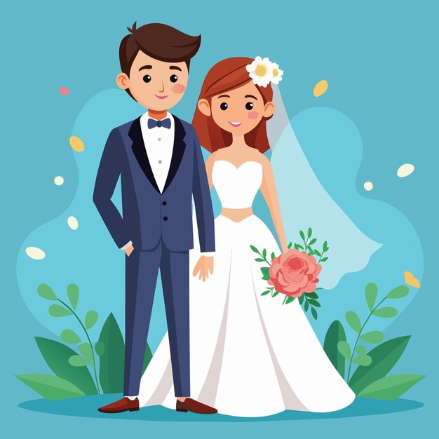 Braut und Bräutigam auf blauem Hintergrund Vektorillustration im Cartoon-Stil