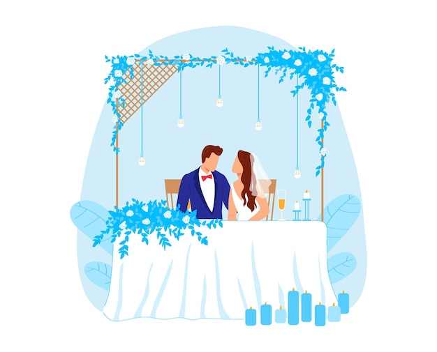 Vektor braut und bräutigam tisch hochzeitsfeier design vektor-illustration romantische dekoration für liebe marrige event glückliche wohnung verheiratete menschen