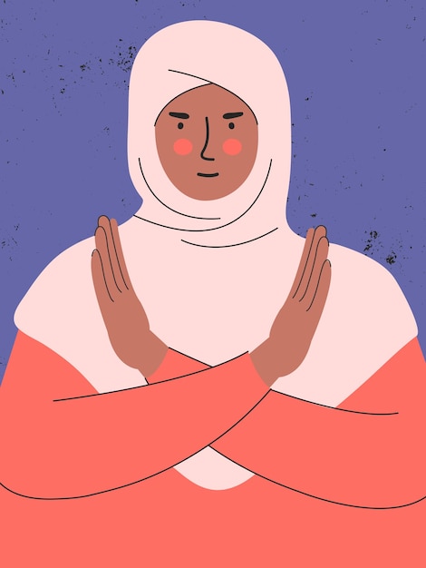 Vektor break the bias internationaler tag der frauen muslimische frau im hijab kreuzt aus protest die arme vor der brust