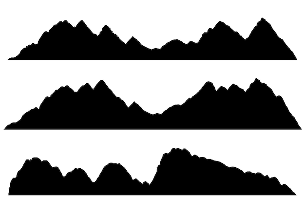 Breite, halbdetaillierte panoramasilhouetten von hochlandbergen und felsigen landschaften