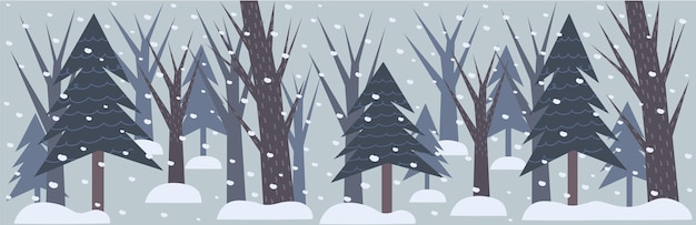 Breiter Doodle-Hintergrund mit düsterem Winterwald in Blautönen. Enthält sich wiederholende Bäume