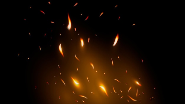 Brennende Funken auf dunklem Hintergrund. Fliegende Feuerpartikel. Realistischer Spezialeffekt. Vektorillustration