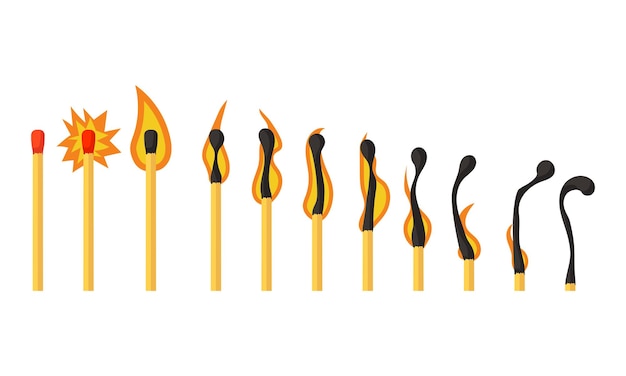 Brennende match-animation und flamme entzünden holzstab matchstick-feuersequenz isolierter symbolsatz