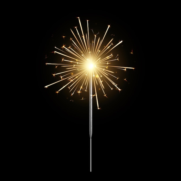 Brennende Wunderkerze bengalisches Licht realistisch Weihnachten Neujahr und alles Gute zum Geburtstag funkelnde Kerze Pyrotechnik für Party Feuerwerk isoliert auf schwarzem Hintergrund Vektor-3D-Illustration