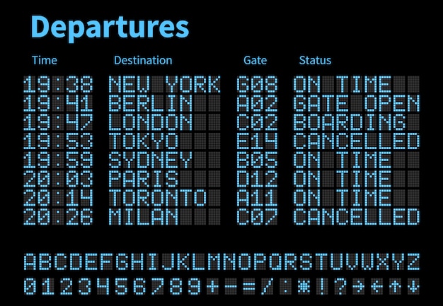 Vektor brett-vektorschablone des abflug- und ankunftsflughafens digitale. fluglinienanzeigetafel mit geführten buchstaben und zahlen