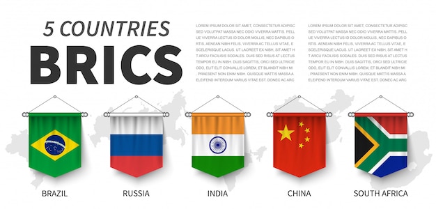 Brics. vereinigung von 5 ländern. realistisches hängen des wimpels 3d