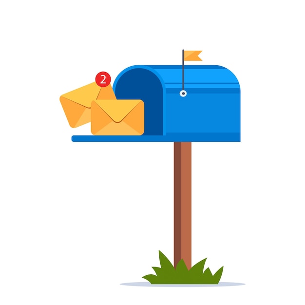 Briefkasten mit gehisster Fahne, offener Tür und Briefen darin. Blauer Briefkasten mit Umschlägen