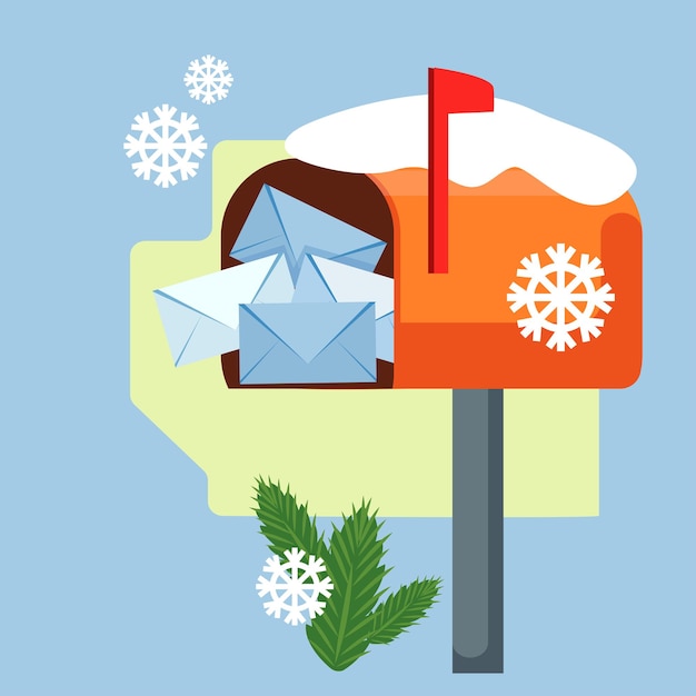 Briefkasten und briefe mit schnee bedeckt. symbol des neuen jahres. figur im cartoon-stil.