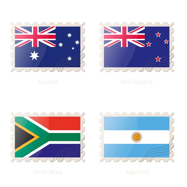 Briefmarke mit dem bild der flagge australiens neuseeland südafrikas argentinien