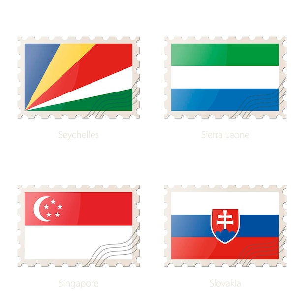 Briefmarke mit dem bild der flagge der seychellen sierra leone singapur slowakei