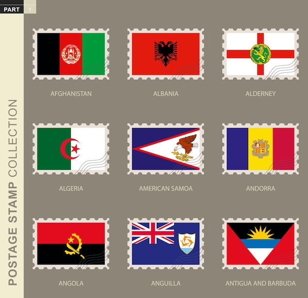 Briefmarke mit Flagge, Sammlung von 9 Flaggen: Afghanistan, Albanien, Alderney, Algerien, Amerikanisch-Samoa, Andorra, Angola, Anguilla, Antigua und Barbuda