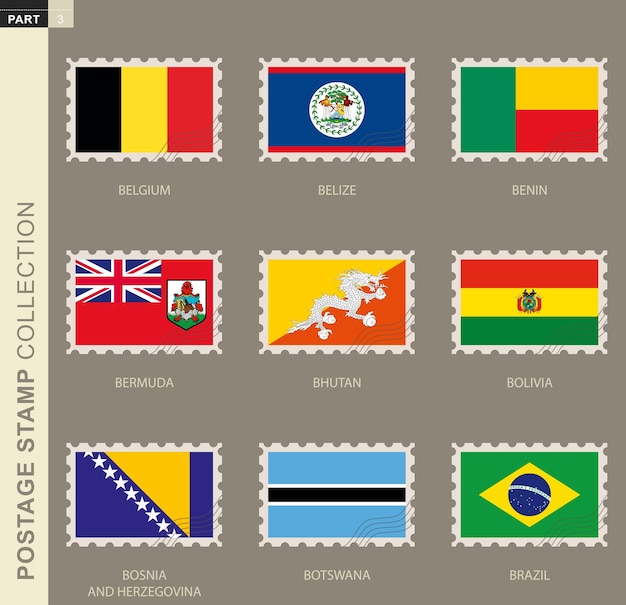 Briefmarke mit flagge, sammlung von 9 flaggen: belgien, belize, benin, bermuda, bhutan, bolivien, bosnien und herzegowina, botswana, brasilien