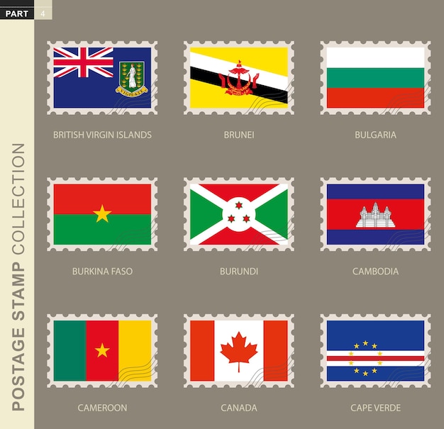 Briefmarke mit flagge, sammlung von 9 flaggen: britische jungferninseln, brunei, bulgarien, burkina faso, burundi, kambodscha, kamerun, kanada, kap verde