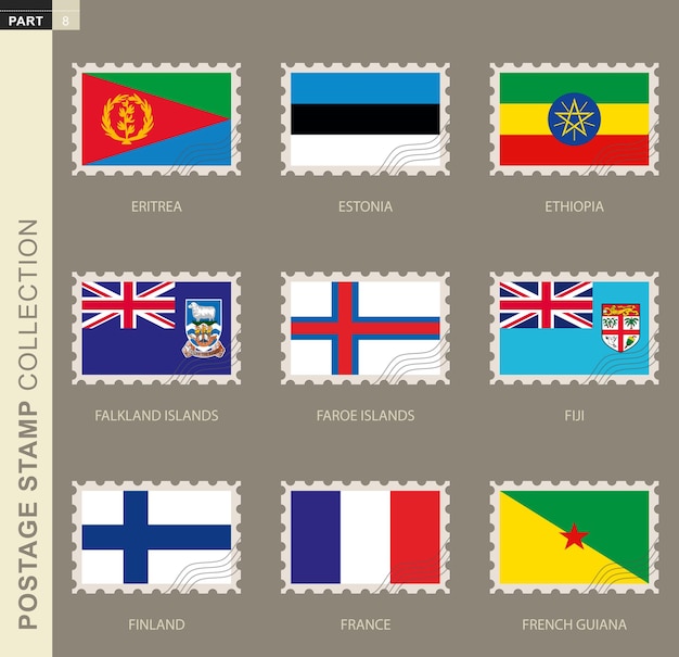 Briefmarke mit Flagge, Sammlung von 9 Flaggen: Eritrea, Estland, Äthiopien, Falklandinseln, Färöer, Fidschi, Finnland, Frankreich, Französisch-Guayana
