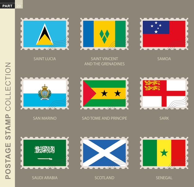 Briefmarke mit Flagge, Sammlung von 9 Flaggen: St. Lucia, St. Vincent und die Grenadinen, Samoa, San Marino, Sao Tome und Principe, Sark, Saudi-Arabien, Schottland, Senegal