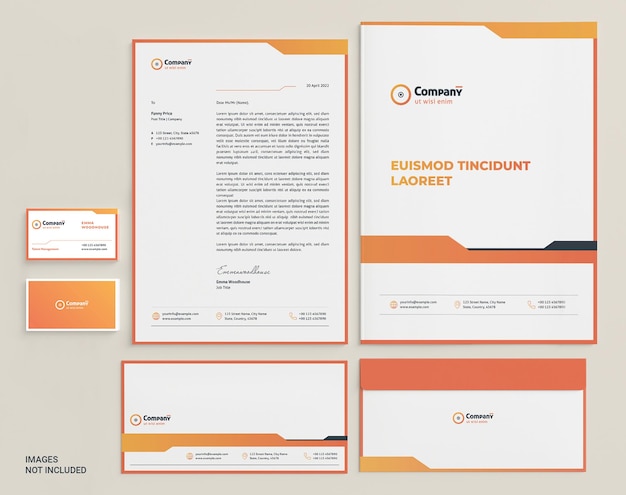 Vektor briefpapier-set-layout mit orangefarbenen akzenten