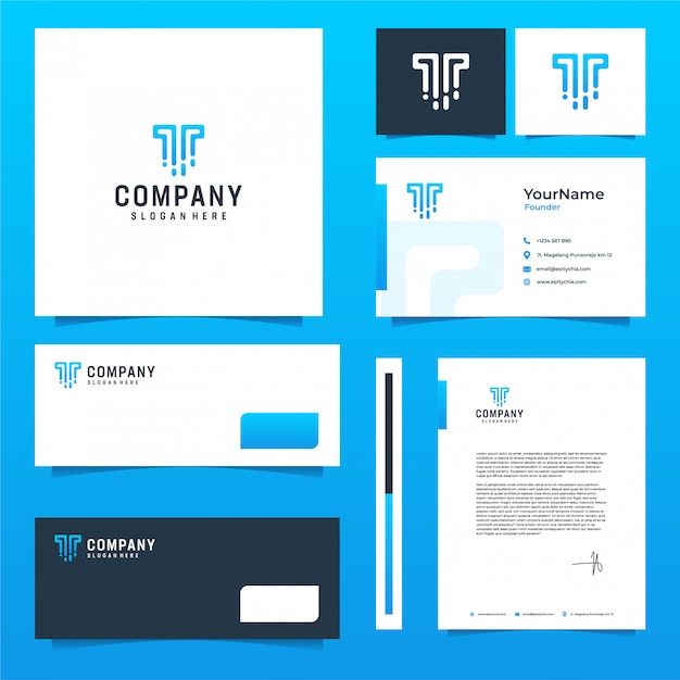 Briefpapierdesign der technologiemarke mit blauem thema