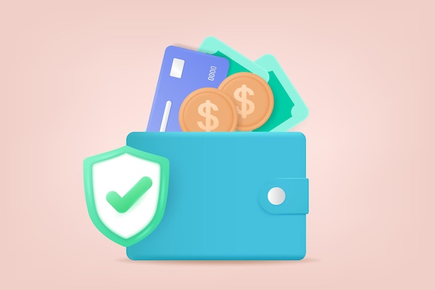 Brieftasche mit Schild Kreditkarten und Geld Sicheres Geldbetriebskonzept Internet-Banking und Geldtransfer 3D-Vektorillustration