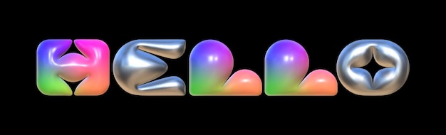 Bright 3D hello Eine vertikale Illustration eines Grußes mit der Textur von Metall und mehrfarbigem Plastik mit einer reflektierenden Textur im Y2K-Stil