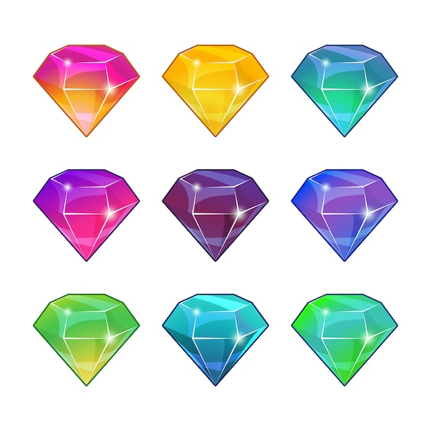Brillante diamanten in verschiedenen farben. vektorkarikatur eingestellt für spieldesign